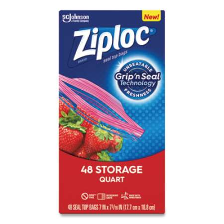 Ziploc Double Zipper Storage Bags, 1 qt, 1.75 mil, 9.63" x 8.5", Clear, 9/Carton (314469)