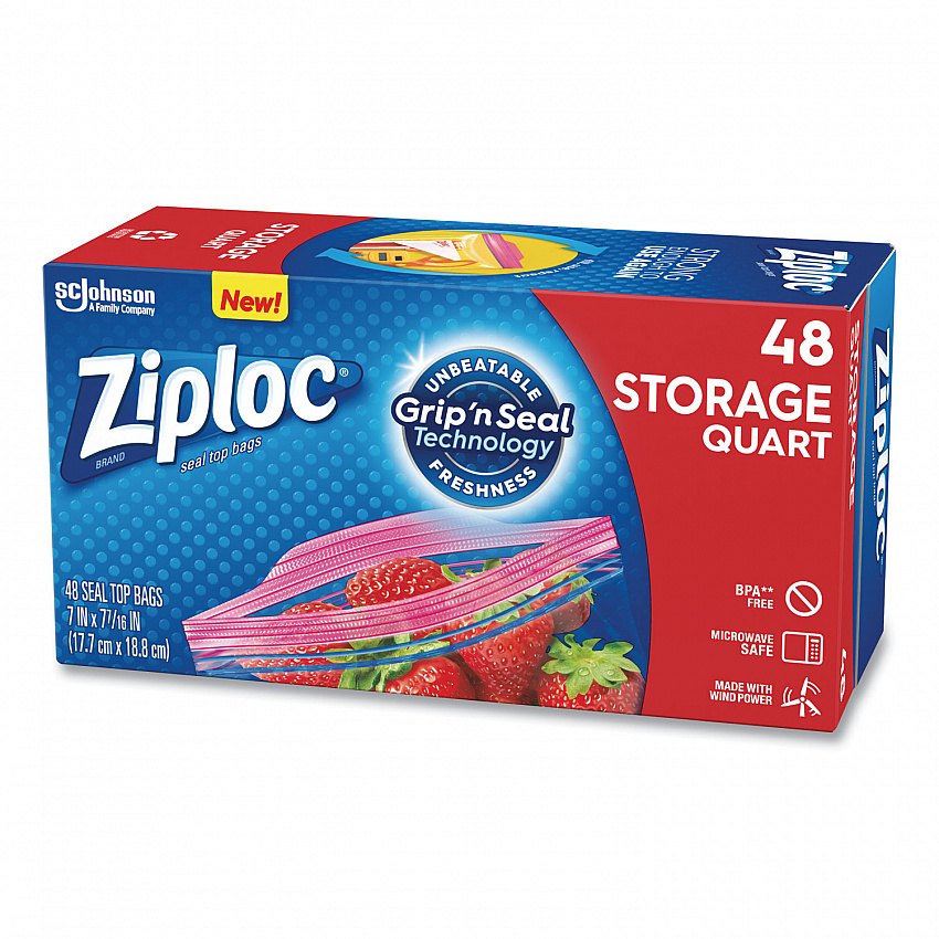 Double Zipper Storage Bags, Triple System Seal, Quart, 9.63" x 8.5", Clear, 48/Box (314469BX)