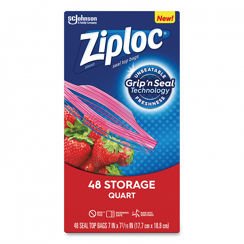 Double Zipper Storage Bags, Triple System Seal, Quart, 9.63" x 8.5", Clear, 48/Box (314469BX)