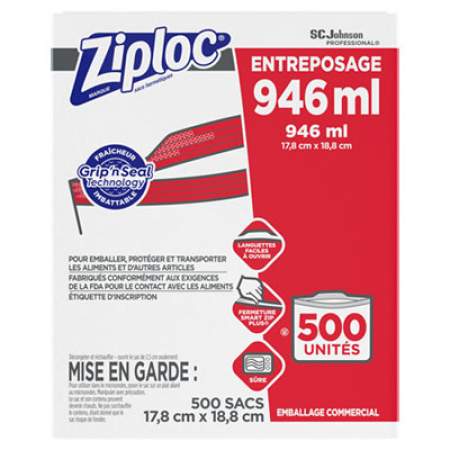 Ziploc Double Zipper Storage Bags, 1 qt, 1.75 mil, 7" x 7.75", Clear, 500/Box (682256)