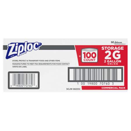 Ziploc Double Zipper Storage Bags, 2 gal, 1.75 mil, 15" x 13", Clear, 100/Carton (682253)