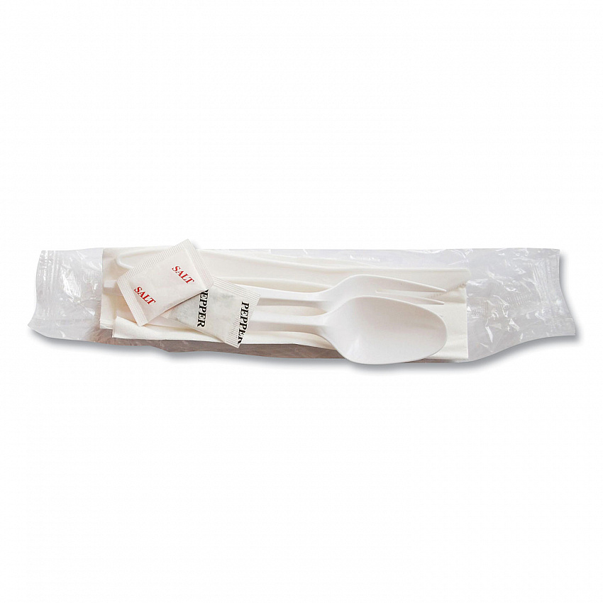 Mediumweight Cutlery Kit, Fork/Knife/Napkin/Pepper/Salt/Spoon, Plastic, White, 250/Carton (1171241)