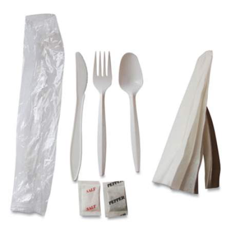 Berkley Square Mediumweight Cutlery Kit, Plastic Fork/Spoon/Knife/Salt/Pep/Napkin, White, 250/Carton (886535)