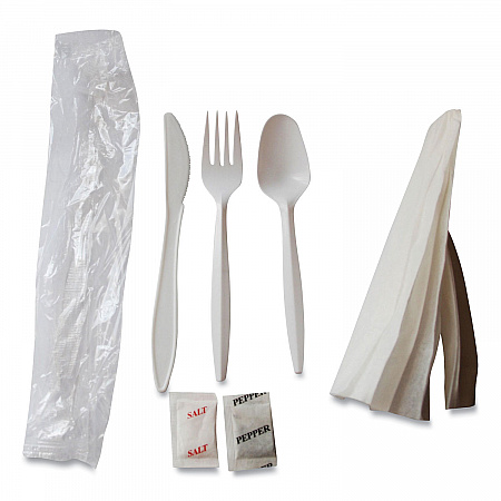 Mediumweight Cutlery Kit, Fork/Knife/Napkin/Pepper/Salt/Spoon, Plastic, White, 250/Carton (1171241)