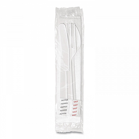 Medium Heavyweight Cutlery Kit, Fork/Knife/Napkin/Pepper/Salt/Spoon, Plastic, White, 250/Carton (1181239)