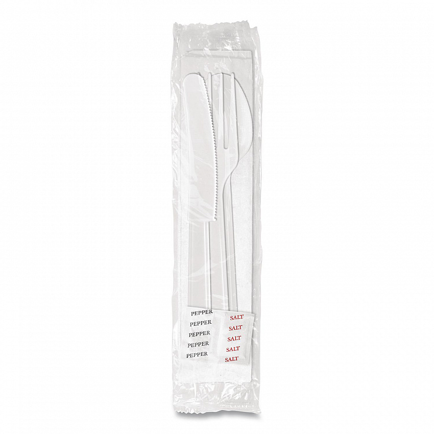 Medium Heavyweight Cutlery Kit, Fork/Knife/Napkin/Pepper/Salt/Spoon, Plastic, White, 250/Carton (1181239)