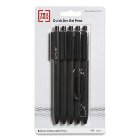 TRU RED Quick Dry Gel Pen, Retractable, Extra-Fine 0.38 mm, Black Ink, Black Barrel, 5/Pack (24399731)