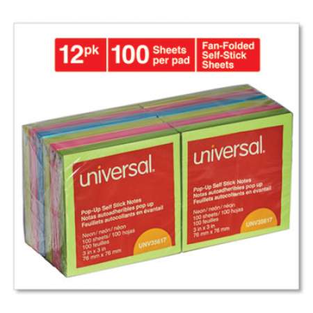 Universal Fan-Folded Self-Stick Pop-Up Notes, 3 x 3, Assorted Neon/Yellow, 100Sheet, 12/PK (35617)