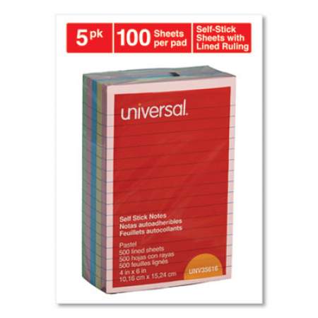 Universal Self-Stick Note Pads, 4 x 6, Lined, Assorted Pastel Colors, 100-Sheet, 5/PK (35616)