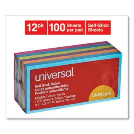 Universal Self-Stick Note Pads, 3 x 3, Assorted Bright Colors, 100-Sheet, 12/PK (35610)