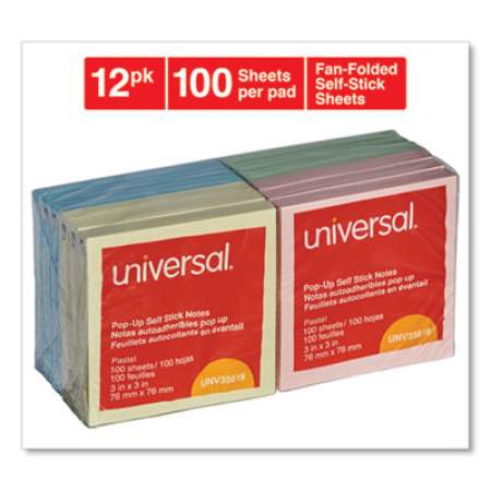 Universal Fan-Folded Self-Stick Pop-Up Notes, 3 x 3, 4 Assorted Pastel, 100-Sheet, 12/PK (35619)
