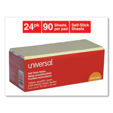 Universal Self-Stick Note Pads, 3" x 3", Yellow, 90-Sheet, 24/Pack (35693)
