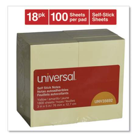 Universal Self-Stick Note Pads, 3 x 5, Yellow, 100-Sheet, 18/Pack (35692)