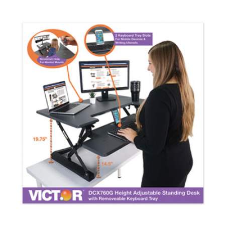 Victor High Rise Height Adjustable Standing Desk with Keyboard Tray, 36" x 31.25" x 5.25" to 20", Gray/Black (DCX760G)