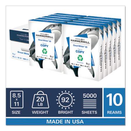 Hammermill Great White 30 Recycled Print Paper, 92 Bright, 20lb, 8.5 x 11, White, 500 Sheets/Ream, 10 Reams/Carton (86700)