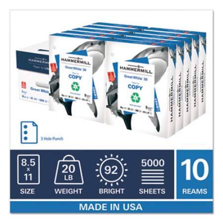 Hammermill Great White 30 Recycled Print Paper, 92 Bright, 3Hole, 20lb, 8.5 x 11, White, 500 Sheets/Ream, 10 Reams/Carton (86702)