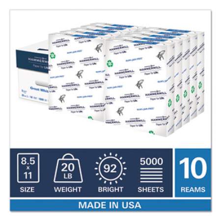 Hammermill Great White 100 Recycled Print Paper, 92 Bright, 20lb, 8.5 x 11, White, 500 Sheets/Ream, 10 Reams/Carton (86790)