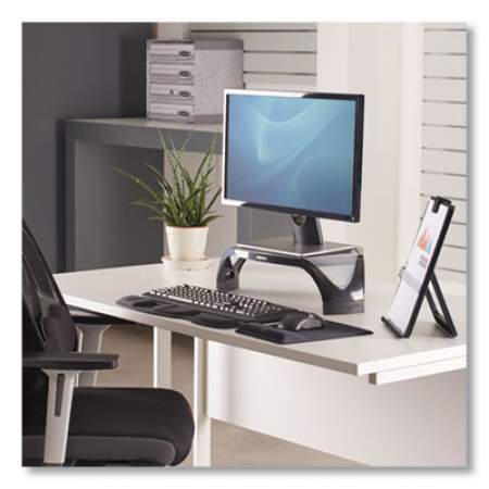 Fellowes Smart Suites Corner Monitor Riser, For 21" Monitors, 18.5" x 12.5" x 3.88" to 5.13", Black/Clear Frost, Supports 40 lbs (8020101)