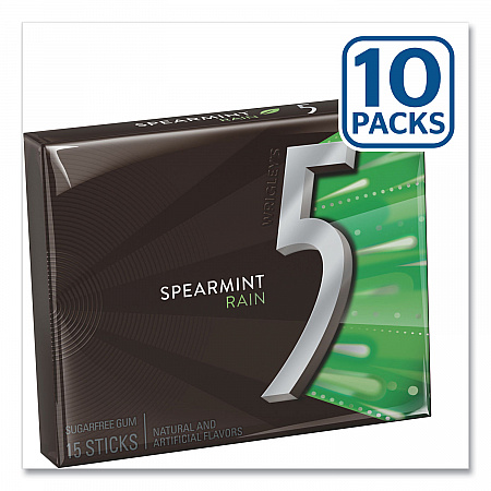 5 Gum, Spearmint Rain, 15 Sticks/Pack, 10 Packs/Box (WMW51404)