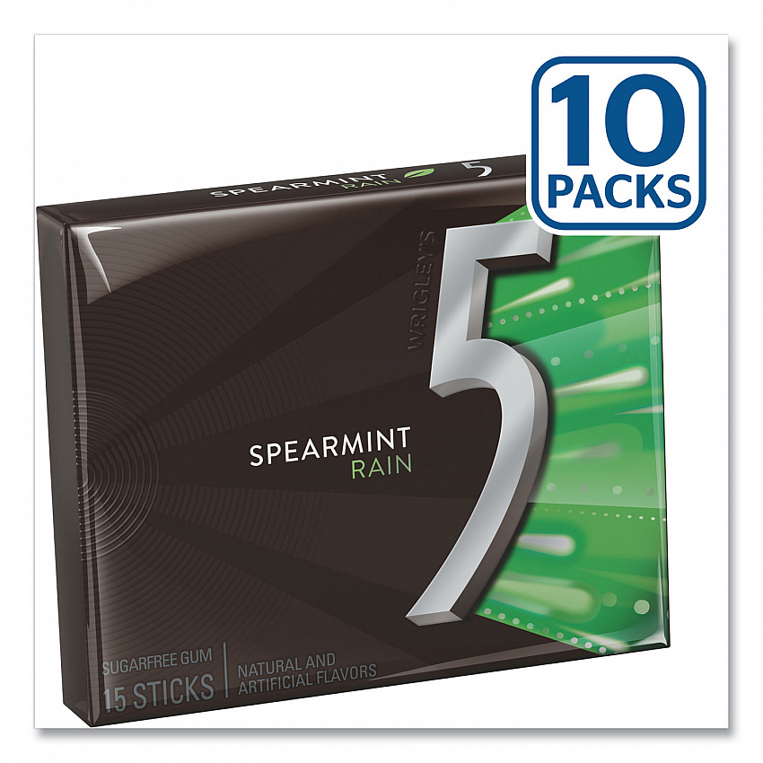 5 Gum, Spearmint Rain, 15 Sticks/Pack, 10 Packs/Box (WMW51404)