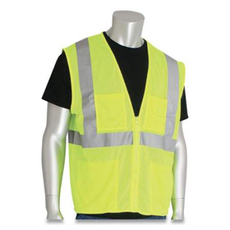PIP ANSI Class 2 Four Pocket Zipper Safety Vest, Polyester Mesh, Hi-Viz Lime Yellow, Large (302MVGZ4PLYL)