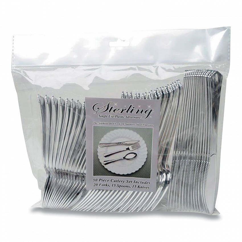 Sterling Assorted Plastic Cutlery, Mediumweight, (20) Forks/(15) Knives/(15) Spoons, Plastic, Silver, 50/Pack (8305ASV)