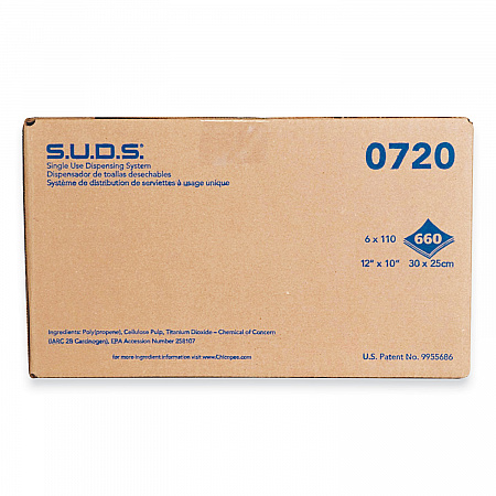 S.U.D.S. Single Use Dispensing System Towels For Quat, 1-Ply, 10 x 12, Unscented, White, 110/Roll, 6 Rolls/Carton (0720)