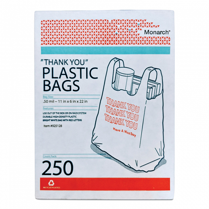 Plastic "Thank You - Have a Nice Day" Shopping Bags, Cut-Out Handles, 11.5" x 6.5" x 22", White/Red, 250/Box (925128)