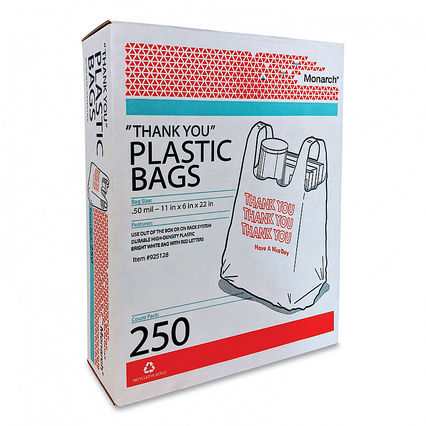 Plastic "Thank You - Have a Nice Day" Shopping Bags, Cut-Out Handles, 11.5" x 6.5" x 22", White/Red, 250/Box (925128)