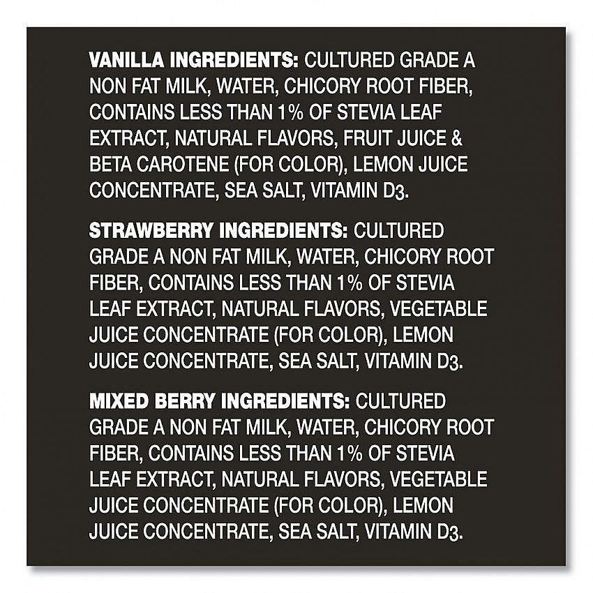 Triple Zero Blended Greek Nonfat Yogurt, 5.3 oz, Strawberry/Mixed Berry/Vanilla, 18/Carton (90200027)
