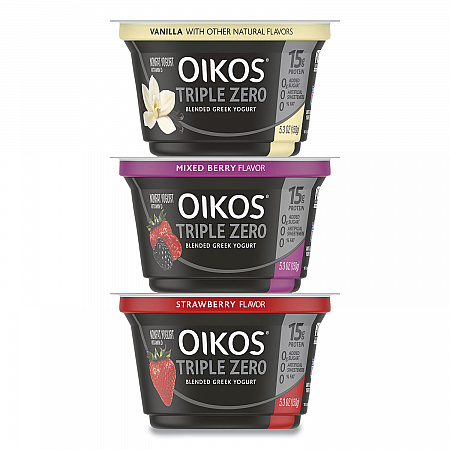 Triple Zero Blended Greek Nonfat Yogurt, 5.3 oz, Strawberry/Mixed Berry/Vanilla, 18/Carton (90200027)