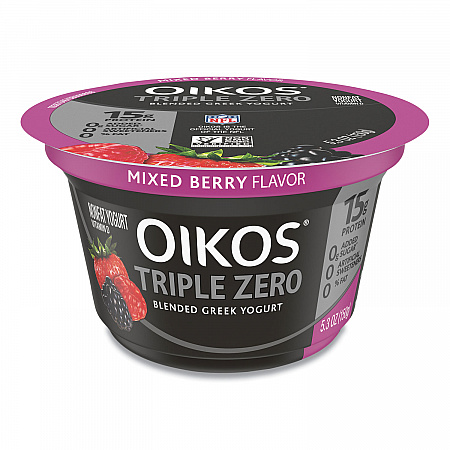 Triple Zero Blended Greek Nonfat Yogurt, 5.3 oz, Strawberry/Mixed Berry/Vanilla, 18/Carton (90200027)
