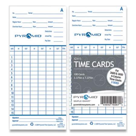 Time Clock Cards for Pyramid Technologies 2000/6000, Two Sides, 3.38 x 7.44, 100/Pack (42415)