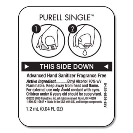 PURELL Single Use Advanced Gel Hand Sanitizer, 1.2 mL, Packet, Fragrance-Free, 2,000/Carton (96302MNS)
