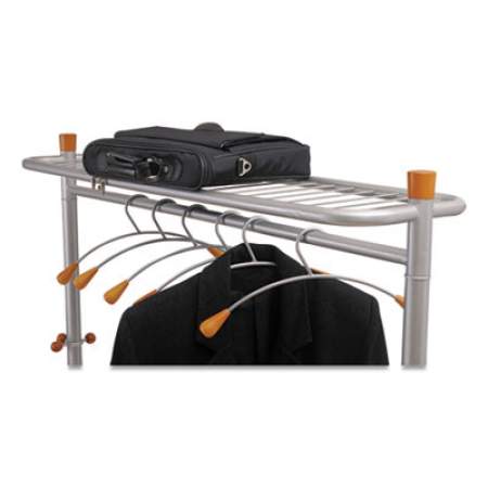 Alba Garment Racks, Two-Sided, 2-Shelf Coat Rack, 6 Hanger/6 Hook, 44.8w x 21.67d x 70.8h, Silver Steel/Wood (PMLUX6)