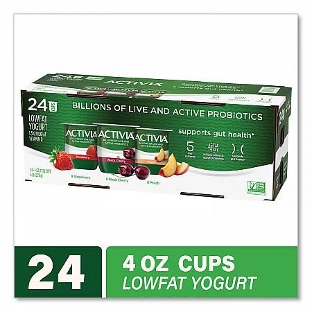 Probiotic Lowfat Yogurt, Variety Pack, Black Cherry/Peach/Strawberry, 4 oz Cups, 24/Pack (90200477)