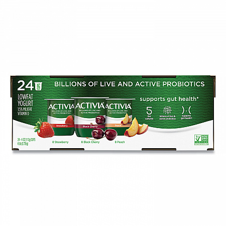 Probiotic Lowfat Yogurt, Variety Pack, Black Cherry/Peach/Strawberry, 4 oz Cups, 24/Pack (90200477)