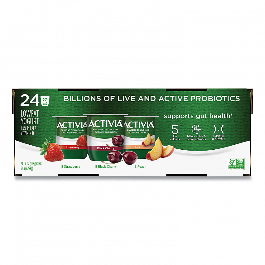 Probiotic Lowfat Yogurt, Variety Pack, Black Cherry/Peach/Strawberry, 4 oz Cups, 24/Pack (90200477)