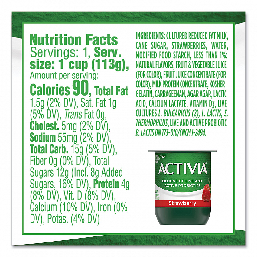Probiotic Lowfat Yogurt, Variety Pack, Black Cherry/Peach/Strawberry, 4 oz Cups, 24/Pack (90200477)