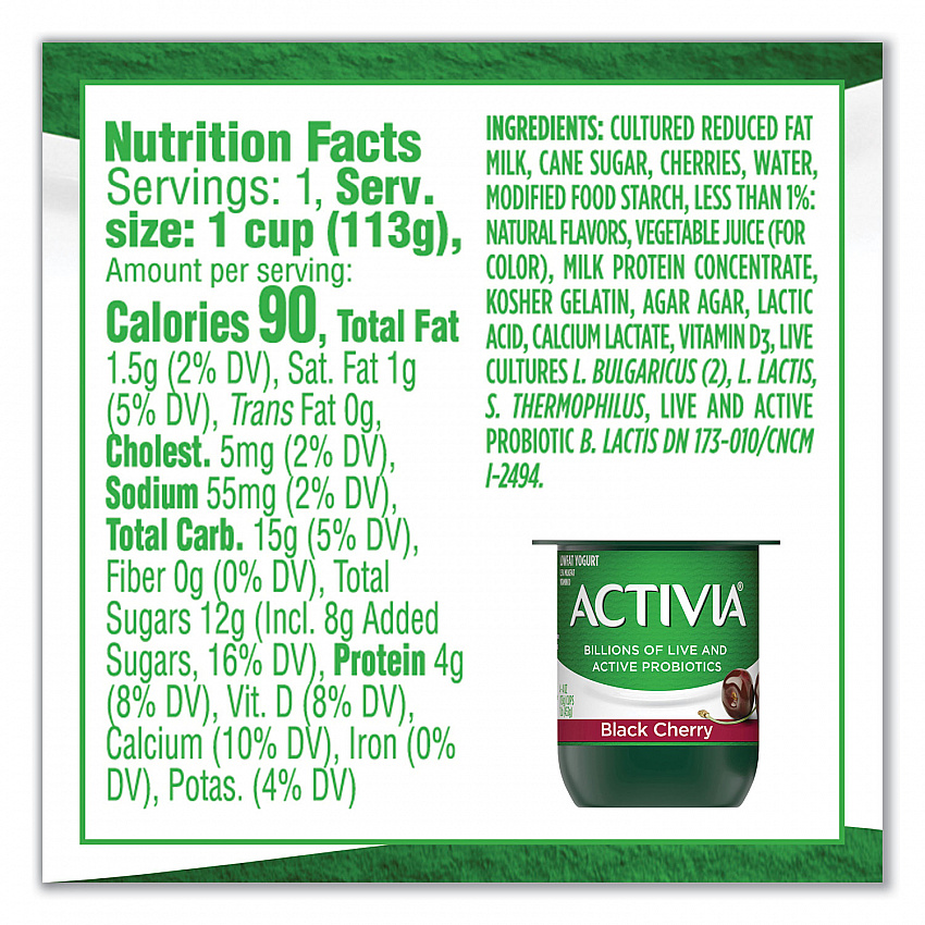 Probiotic Lowfat Yogurt, Variety Pack, Black Cherry/Peach/Strawberry, 4 oz Cups, 24/Pack (90200477)