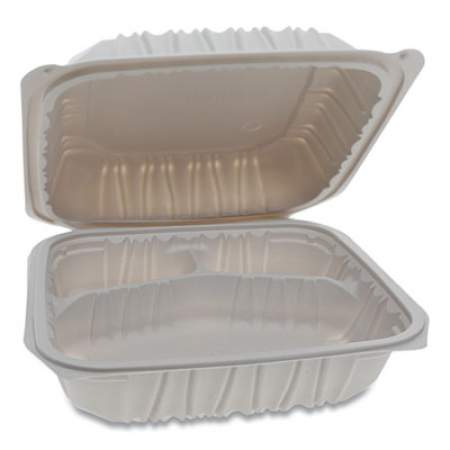 Pactiv Evergreen Vented Microwavable Hinged-Lid Takeout Container, 3-Compartment, 8.5 x 8.5 x 3.1, White, 146/Carton (YCNW0853)