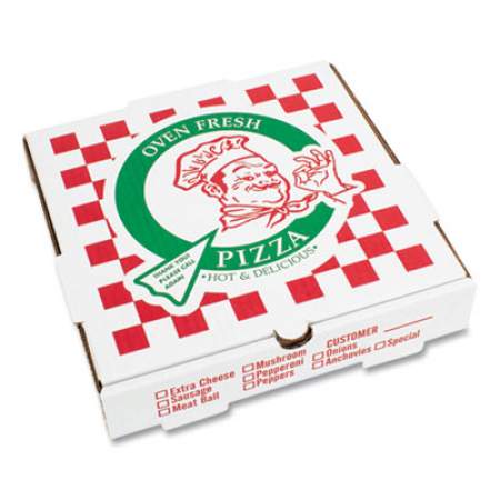 Corrugated Kraft Pizza Boxes, E-Flute, White/Red/Green, 12" Pizza, 12 x 12 x 1.75, 50/Carton (PZCORE12P)