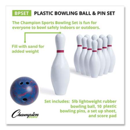 Champion Sports Bowling Set, Plastic/Rubber, White, 10 Bowling Pins, 1 Bowling Ball (BPSET)