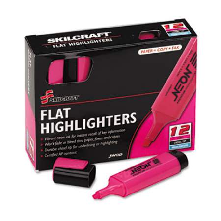 AbilityOne 7520013519146 SKILCRAFT Flat Fluorescent Highlighter, Fluorescent Pink Ink, Chisel Tip, Pink Barrel, Dozen
