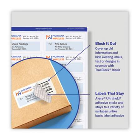 Avery Waterproof Shipping Labels with TrueBlock and Sure Feed, Laser Printers, 2 x 4, White, 10/Sheet, 500 Sheets/Box (95523)