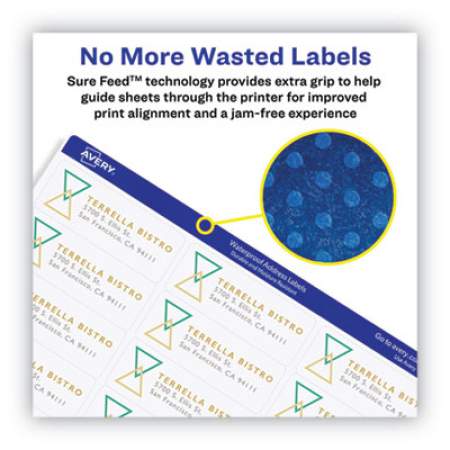 Avery Waterproof Address Labels with TrueBlock and Sure Feed, Laser Printers, 1 x 2.63, White, 30/Sheet, 50 Sheets/Pack (5520)