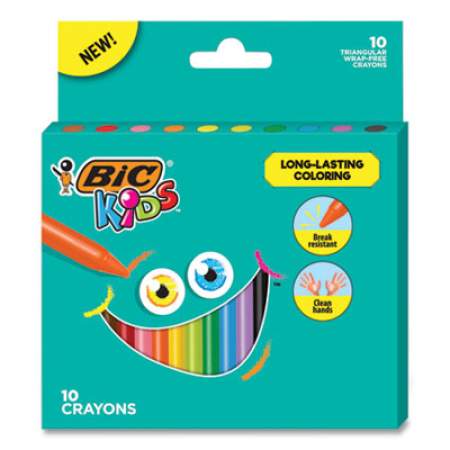 BIC Kids Coloring Triangle Crayons, 10 Assorted Colors, 10/Pack (BKPCTP10AST)