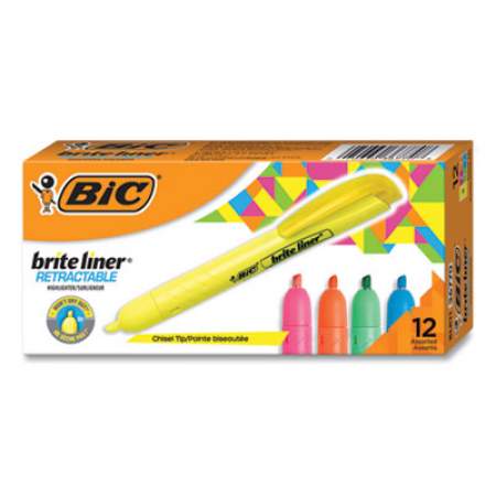 BIC Brite Liner Retractable Highlighter, Assorted Ink Colors, Chisel Tip, Assorted Barrel Colors, Dozen (BLR11AST)