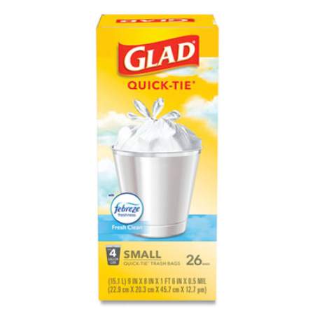 Glad OdorShield Quick-Tie Small Trash Bags, 4 gal, 0.5 mil, 8" x 18", White, 156/Carton (78812)