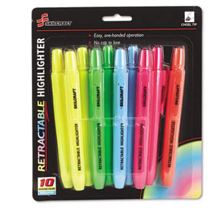 AbilityOne 7520015548208 SKILCRAFT Retractable Highlighter, Assorted Ink Colors, Chisel Tip, Assorted Barrel Colors, 10/Set